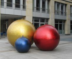 Large blue, gold, and red christmas ornaments