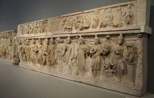 Sarcophagus relief with Apollo, Minerva, and the muses