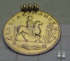 Large roman gold coin showing Emperor Valens (4th century) on horseback