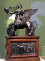 Bronze striding mythological creature; human head, wings, dragon/horse body