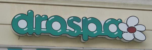 Sign for “drospa” with balloon-like letters