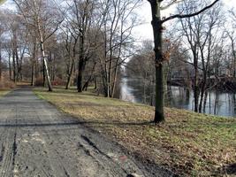 Dirt path at left; trees and river at right