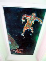Ceiling painting: outlines of two people, filled in vibrant colors, suspended in outer space