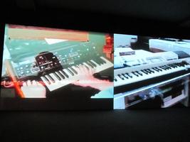 Split screen showing video clips of people playing keyboards