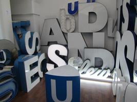 Room filled with blue and white letters