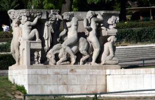 blocky sculpture of women and horse