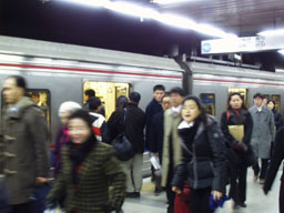 Crowd exiting subway