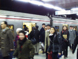 Crowd exiting subway 