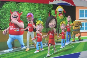 Cartoon characters doing the Korea Soccer Dance.