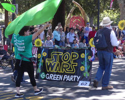 Green Party banner: Stop Wars (in Star Wars font)