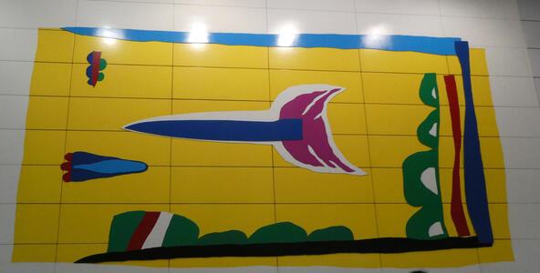 Two abstract rockets flying horizontally, one to left and one to right, on yellow background.