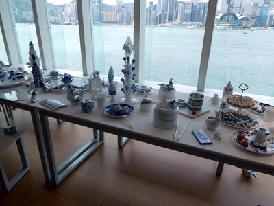 Section of table with all porcelain blue glazed objects.