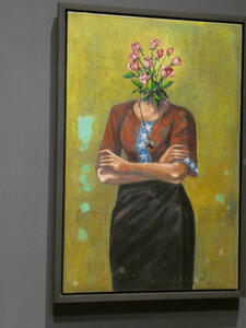 painting of woman with bouquet for head