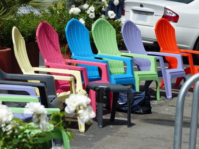 Multicolored plastic patio chairs