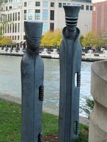 Human-like sculpture on Chicago River bank