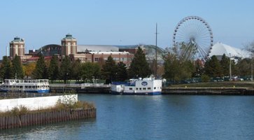Long view of Navy Pier; Ferris wheel at right