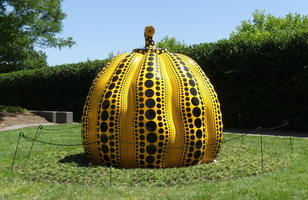 Large yellow pumpkin with black spots