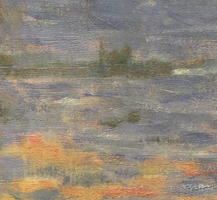 Closeup of brushwork on a Monet painting