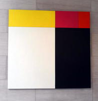 Painting with white, yellow, orange, and black rectangles
