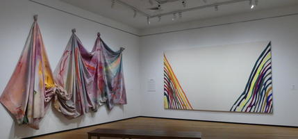 Gallery with colored cloth hanging and colored line painting