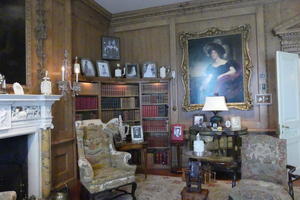 Sitting room with large portrait and bookcases