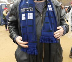 Scarf themed on the Tardis (a blue police call box) from Dr. Who