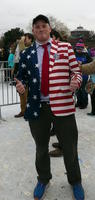Man in flag-themed suit