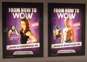 Adverts showing before and after pictures of people who took a training regimen.