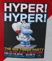 Sticker for a party; shows a purple female hippo with headling HYPER! HYPER!