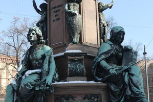 Closeup of seated figures at front of monument