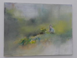 Pastel colored painting of man in field with flowers