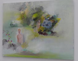 Pastel impressionist picture of two people in forest glade