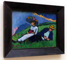 Impressionist picture of woman and man recilning on a hill
