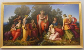 Apollo in center with nine muses at his side