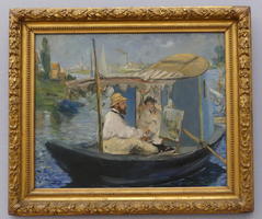 Painter and woman seated in a small boat