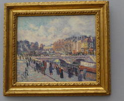 Impressionist painting of people near bridge (Paris?)