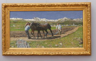 Two men plowing field w. two horses