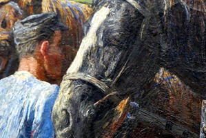 Closeup of man and horse’s face showing brushwork.