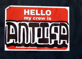 Sticker: HELLO my crew is ANTIFA (last word lettered in marke rin black)
