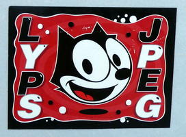 Sticker with LYPS and JPEG on either side of head of Felix the Cat