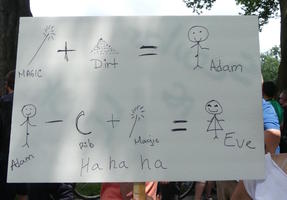 Stick-figure drawing parody of Adam and Eve story