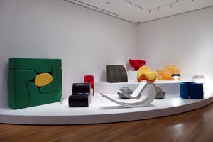 Various colored and oddly formed furniture from the 1960s-1970s