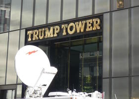 Television truck antenna in front of Trump Tower