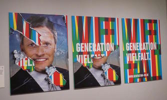 Series of three posters that show a generic politician replaced by rainbow background with words “Generation Vielfalt” (Generation Diversity)