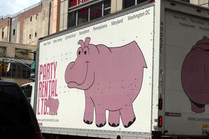 Pink cartoon hippopotamus on side of truck