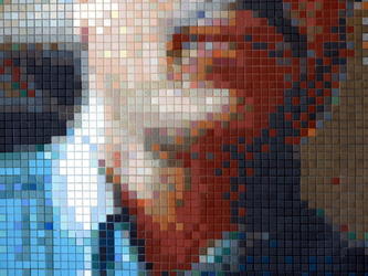 Extreme closeup of mosaic tiles forming bottom of man's face.