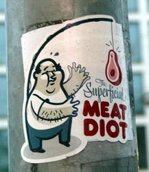 Fat man and ham hock; caption: “The Superficial MEAT DIOT”