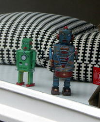 Toy robots in shop window