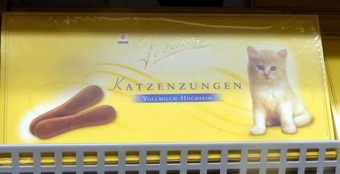 Package of Katzenzungen (Cats' tongues); chocolate candy shaped like a cat's tongue, hence the name.