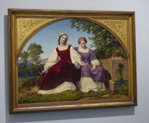 Painting of two ladies in 1500s garb, seated